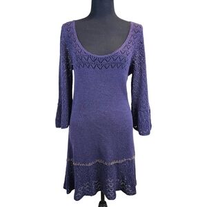 Free People Crochet Knit Flare Sleeve Mini Dress S Purple Boho Romantic Fairy